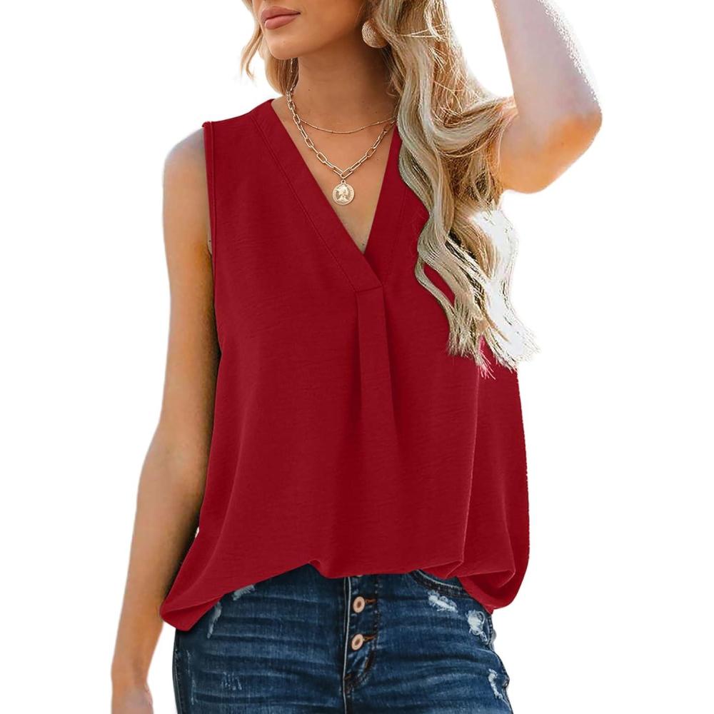 imageXIEERDUO Womens V Neck Chiffon Tank Top Sleeveless Work Office Pleated Blouses Tops04red
