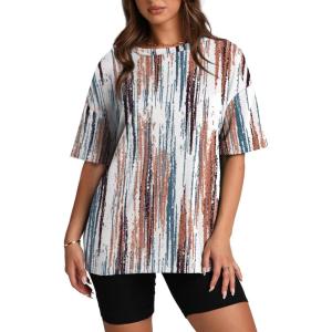 Oversized T Shirts for Women Summer Crewneck Short Sleeve Basic Tops Loose Fit(Brown Stripe)