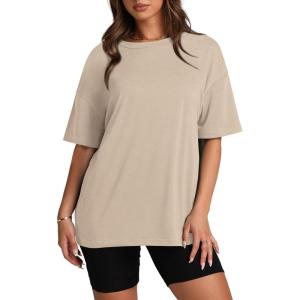 Oversized T Shirts for Women Summer Crewneck Short Sleeve Basic Tops Loose Fit(D-khaki)