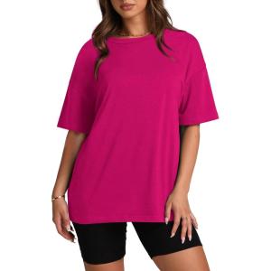 Oversized T Shirts for Women Summer Crewneck Short Sleeve Basic Tops Loose Fit(F-hot Pink)
