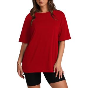 Oversized T Shirts for Women Summer Crewneck Short Sleeve Basic Tops Loose Fit(Red)