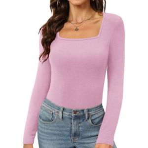 Womens Long Sleeve Square Neck Tops 2024 Fashion Slim Fit Tees Shirts(Pink)