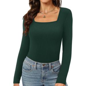 Womens Long Sleeve Square Neck Tops 2024 Fashion Slim Fit Tees Shirts(Ribbed Green)