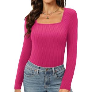 Womens Long Sleeve Square Neck Tops 2024 Fashion Slim Fit Tees Shirts(Ribbed Pink)