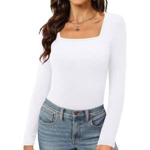 Womens Long Sleeve Square Neck Tops 2024 Fashion Slim Fit Tees Shirts(Ribbed White)