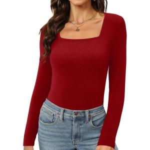 Womens Long Sleeve Square Neck Tops 2024 Fashion Slim Fit Tees Shirts(Wine Red)