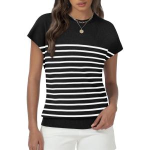 Womens Tops Summer Sweater Short Sleeve Shirts Dressy Casual Basic Casual Cap Sleeve Tops Beach Vacation Clothes(Black White)