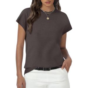 Womens Tops Summer Sweater Short Sleeve Shirts Dressy Casual Basic Casual Cap Sleeve Tops Beach Vacation Clothes(Coffee)