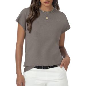Womens Tops Summer Sweater Short Sleeve Shirts Dressy Casual Basic Casual Cap Sleeve Tops Beach Vacation Clothes(Khaki)