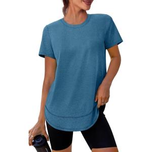 Womens Workout Tops Short Sleeve Shirts with Sun Protection Trendy Spring Summer Outfits S-3XL(12 Dark Blue Green)