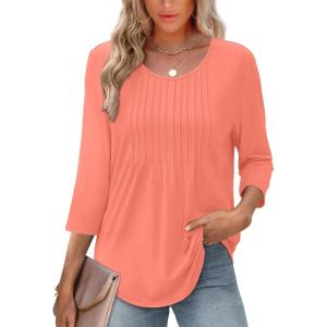XIEERDUO 3/4 Length Sleeve Tops for Women 2025 Crewneck Casual Pleated Tunic Tops Loose Fit Shirts Blouses(A-coral)