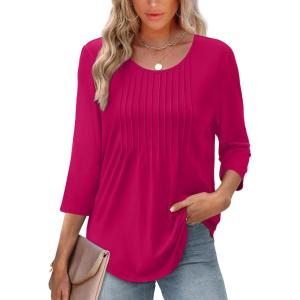 XIEERDUO 3/4 Length Sleeve Tops for Women 2025 Crewneck Casual Pleated Tunic Tops Loose Fit Shirts Blouses(A-hot Pink)