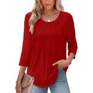 XIEERDUO 3/4 Length Sleeve Tops for Women 2025 Crewneck Casual Pleated Tunic Tops Loose Fit Shirts Blouses(A-red)