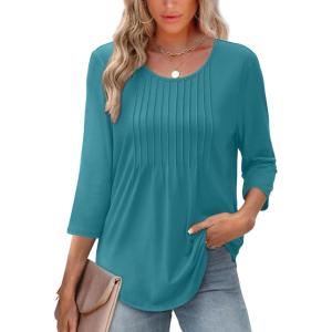 XIEERDUO 3/4 Length Sleeve Tops for Women 2025 Crewneck Casual Pleated Tunic Tops Loose Fit Shirts Blouses(A-turquoise)