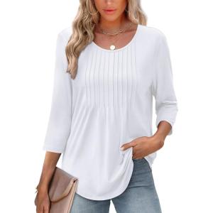 XIEERDUO 3/4 Length Sleeve Tops for Women 2025 Crewneck Casual Pleated Tunic Tops Loose Fit Shirts Blouses(A-white)