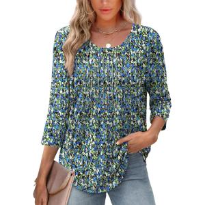 XIEERDUO 3/4 Length Sleeve Tops for Women 2025 Crewneck Casual Pleated Tunic Tops Loose Fit Shirts Blouses(F-blue Floral)
