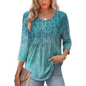 XIEERDUO 3/4 Length Sleeve Tops for Women 2025 Crewneck Casual Pleated Tunic Tops Loose Fit Shirts Blouses(F-blue Gradient)