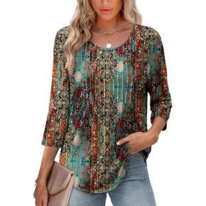 XIEERDUO 3/4 Length Sleeve Tops for Women 2025 Crewneck Casual Pleated Tunic Tops Loose Fit Shirts Blouses(F-blue Orange Print)