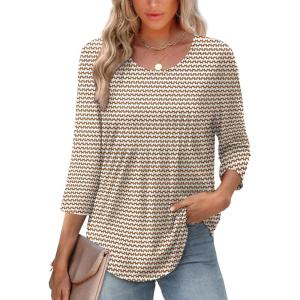 XIEERDUO 3/4 Length Sleeve Tops for Women 2025 Crewneck Casual Pleated Tunic Tops Loose Fit Shirts Blouses(F-brown Stripe)