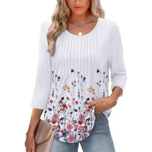 XIEERDUO 3/4 Length Sleeve Tops for Women 2025 Crewneck Casual Pleated Tunic Tops Loose Fit Shirts Blouses(F-dandelion)