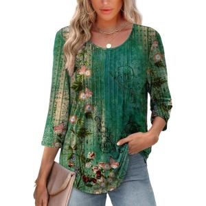 XIEERDUO 3/4 Length Sleeve Tops for Women 2025 Crewneck Casual Pleated Tunic Tops Loose Fit Shirts Blouses(F-green Floral)