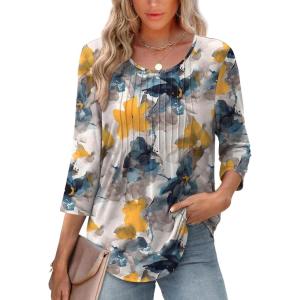 XIEERDUO 3/4 Length Sleeve Tops for Women 2025 Crewneck Casual Pleated Tunic Tops Loose Fit Shirts Blouses(F-ink Floral)