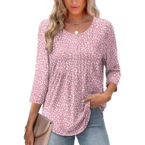 XIEERDUO 3/4 Length Sleeve Tops for Women 2025 Crewneck Casual Pleated Tunic Tops Loose Fit Shirts Blouses(F-pink Leopard)