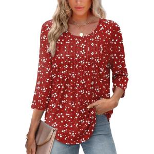 XIEERDUO 3/4 Length Sleeve Tops for Women 2025 Crewneck Casual Pleated Tunic Tops Loose Fit Shirts Blouses(F-spotted Red)