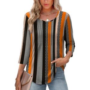 XIEERDUO 3/4 Length Sleeve Tops for Women 2025 Crewneck Casual Pleated Tunic Tops Loose Fit Shirts Blouses(F-striped Dots)