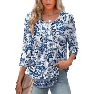 XIEERDUO 3/4 Length Sleeve Tops for Women 2025 Crewneck Casual Pleated Tunic Tops Loose Fit Shirts Blouses(F-white Blue Ethnic)