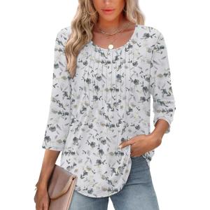 XIEERDUO 3/4 Length Sleeve Tops for Women 2025 Crewneck Casual Pleated Tunic Tops Loose Fit Shirts Blouses(F-white Floral)