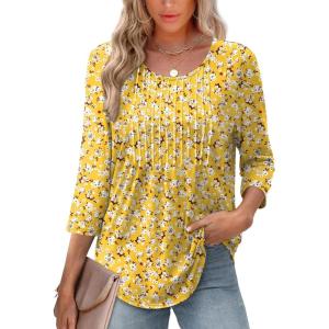 XIEERDUO 3/4 Length Sleeve Tops for Women 2025 Crewneck Casual Pleated Tunic Tops Loose Fit Shirts Blouses(F-yellow White Daisies)