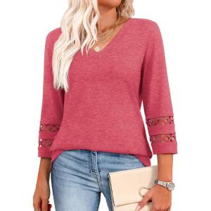 XIEERDUO 3/4 Length Sleeve Womens Tops Dressy Casual Blouses for Women 2025 Trendy V Neck T Shirts Summer Clothes(Coral Pink)