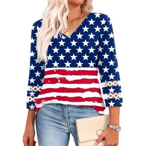 XIEERDUO 3/4 Length Sleeve Womens Tops Dressy Casual Blouses for Women 2025 Trendy V Neck T Shirts Summer Clothes(Flag a)