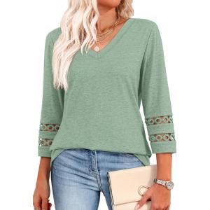 XIEERDUO 3/4 Length Sleeve Womens Tops Dressy Casual Blouses for Women 2025 Trendy V Neck T Shirts Summer Clothes(Light Green)