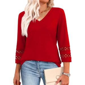 XIEERDUO 3/4 Length Sleeve Womens Tops Dressy Casual Blouses for Women 2025 Trendy V Neck T Shirts Summer Clothes(Red)