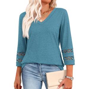 XIEERDUO 3/4 Length Sleeve Womens Tops Dressy Casual Blouses for Women 2025 Trendy V Neck T Shirts Summer Clothes(Turquoise)