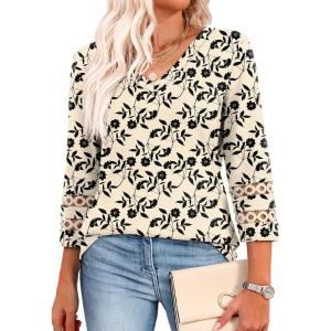 XIEERDUO 3/4 Length Sleeve Womens Tops Dressy Casual Blouses for Women 2025 Trendy V Neck T Shirts Summer Clothes(Z Beige Printed)