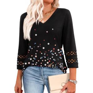 XIEERDUO 3/4 Length Sleeve Womens Tops Dressy Casual Blouses for Women 2025 Trendy V Neck T Shirts Summer Clothes(Z Black Printed)