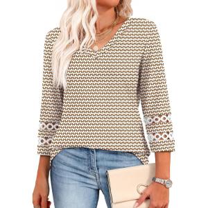 XIEERDUO 3/4 Length Sleeve Womens Tops Dressy Casual Blouses for Women 2025 Trendy V Neck T Shirts Summer Clothes(Z Brown Geometry)