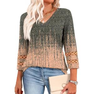 XIEERDUO 3/4 Length Sleeve Womens Tops Dressy Casual Blouses for Women 2025 Trendy V Neck T Shirts Summer Clothes(Z Grey Coral)