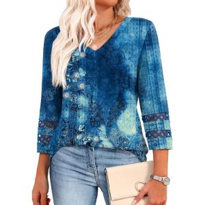 XIEERDUO 3/4 Length Sleeve Womens Tops Dressy Casual Blouses for Women 2025 Trendy V Neck T Shirts Summer Clothes(Z Navy Printed)