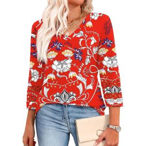 XIEERDUO 3/4 Length Sleeve Womens Tops Dressy Casual Blouses for Women 2025 Trendy V Neck T Shirts Summer Clothes(Z Red Printed)