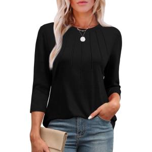 XIEERDUO 3/4 Length Sleeve Womens Tops Round Neck Casual Tunic Tops Basic Pleated Shirts Loose Fit 2025(Black)