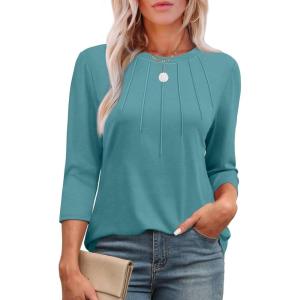 XIEERDUO 3/4 Length Sleeve Womens Tops Round Neck Casual Tunic Tops Basic Pleated Shirts Loose Fit 2025(Blue Green)