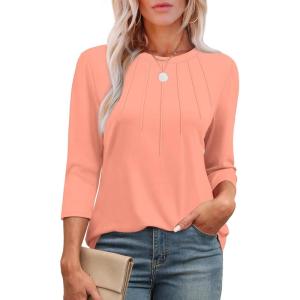 XIEERDUO 3/4 Length Sleeve Womens Tops Round Neck Casual Tunic Tops Basic Pleated Shirts Loose Fit 2025(Coral)
