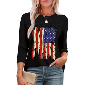 XIEERDUO 3/4 Length Sleeve Womens Tops Round Neck Casual Tunic Tops Basic Pleated Shirts Loose Fit 2025(Flag-black)