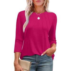 XIEERDUO 3/4 Length Sleeve Womens Tops Round Neck Casual Tunic Tops Basic Pleated Shirts Loose Fit 2025(Hot Pink)