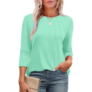 XIEERDUO 3/4 Length Sleeve Womens Tops Round Neck Casual Tunic Tops Basic Pleated Shirts Loose Fit 2025(Lake Green)