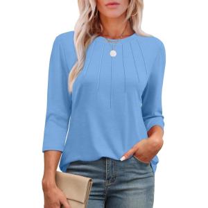 XIEERDUO 3/4 Length Sleeve Womens Tops Round Neck Casual Tunic Tops Basic Pleated Shirts Loose Fit 2025(Light Blue)